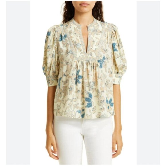 Ulla Johnson Tops - Ulla Johnson Desdra Blouse Womens 2 Cream Silk V-Neck Ruffle Puff Sleeve Floral